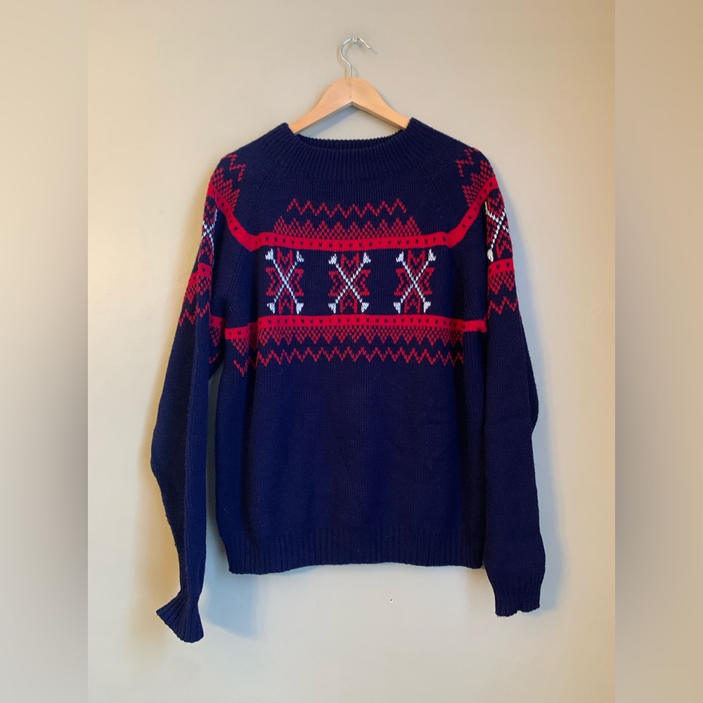 Vtg JCPenney Sweater Mens XLarge Blue Fair Isle Snowflake Mock Neck Knit Acrylic
